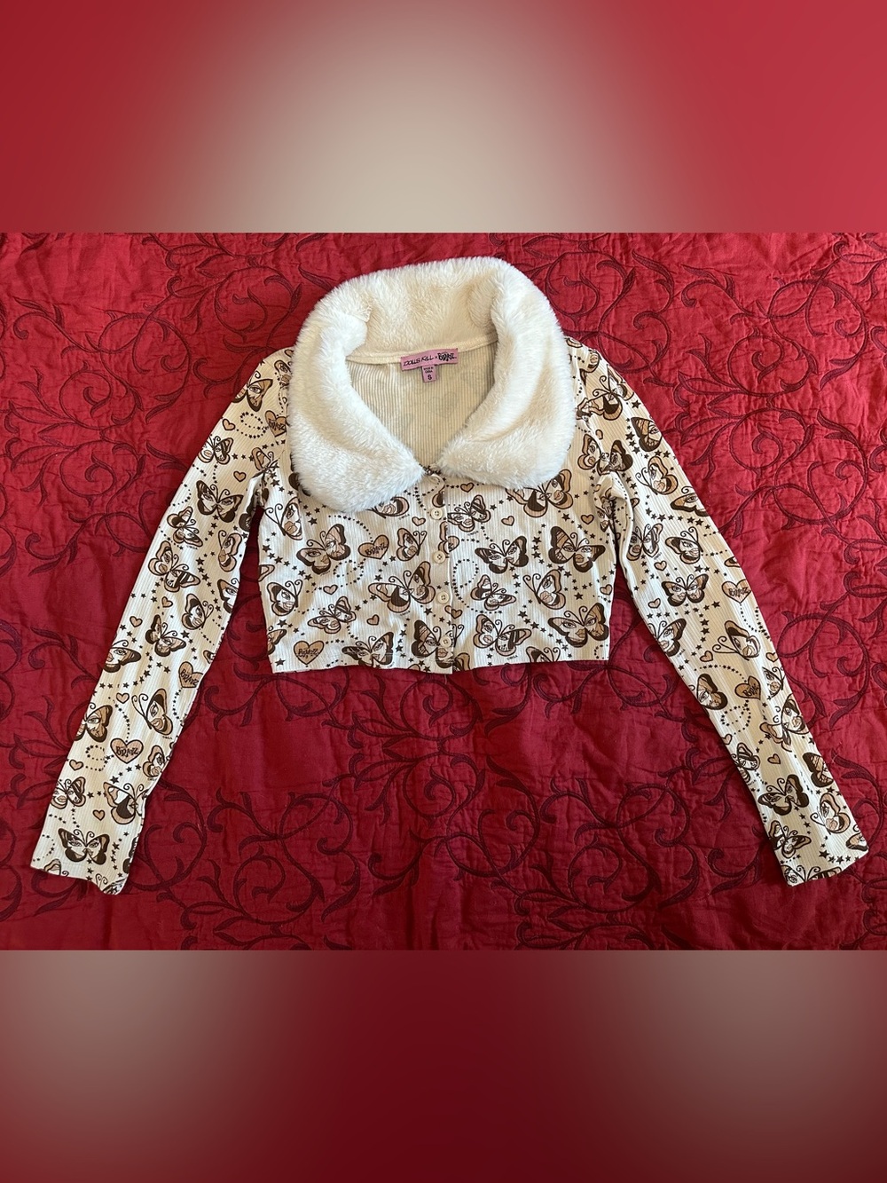 Fuzzy Collar Butterfly Print Button-Up Top